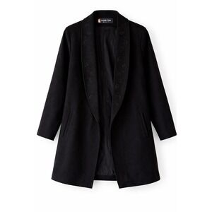 Komitor Womens Black Wool Coat Embroidered Lapel Open Front Vintage USA